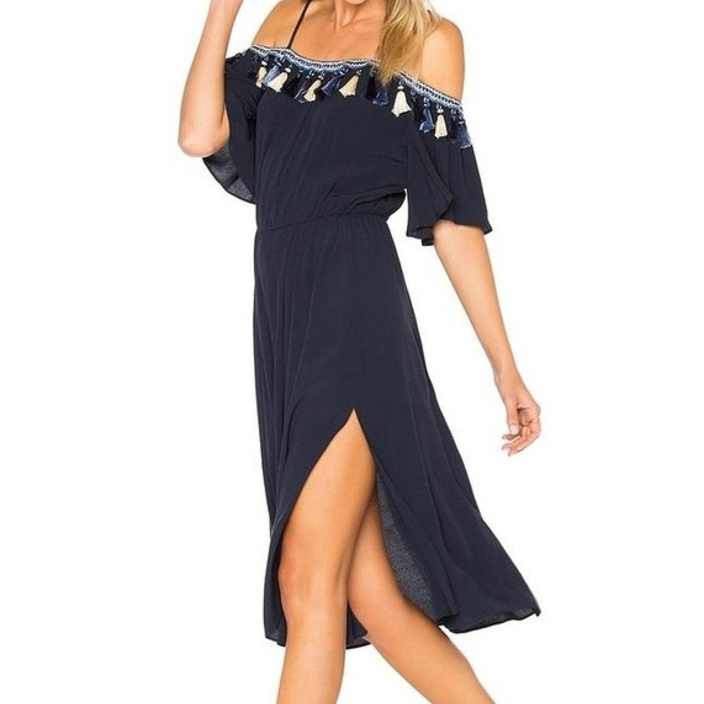 Tularosa Revolve Navy Blue Tassel Off Shoulder Midi‎ Dress Boho Festival XS